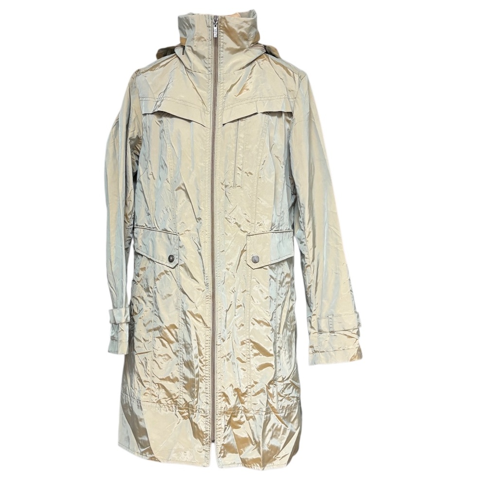 coat COLE HAAN M iridescent beige 34" long rain wind foldaway hood pockets zips